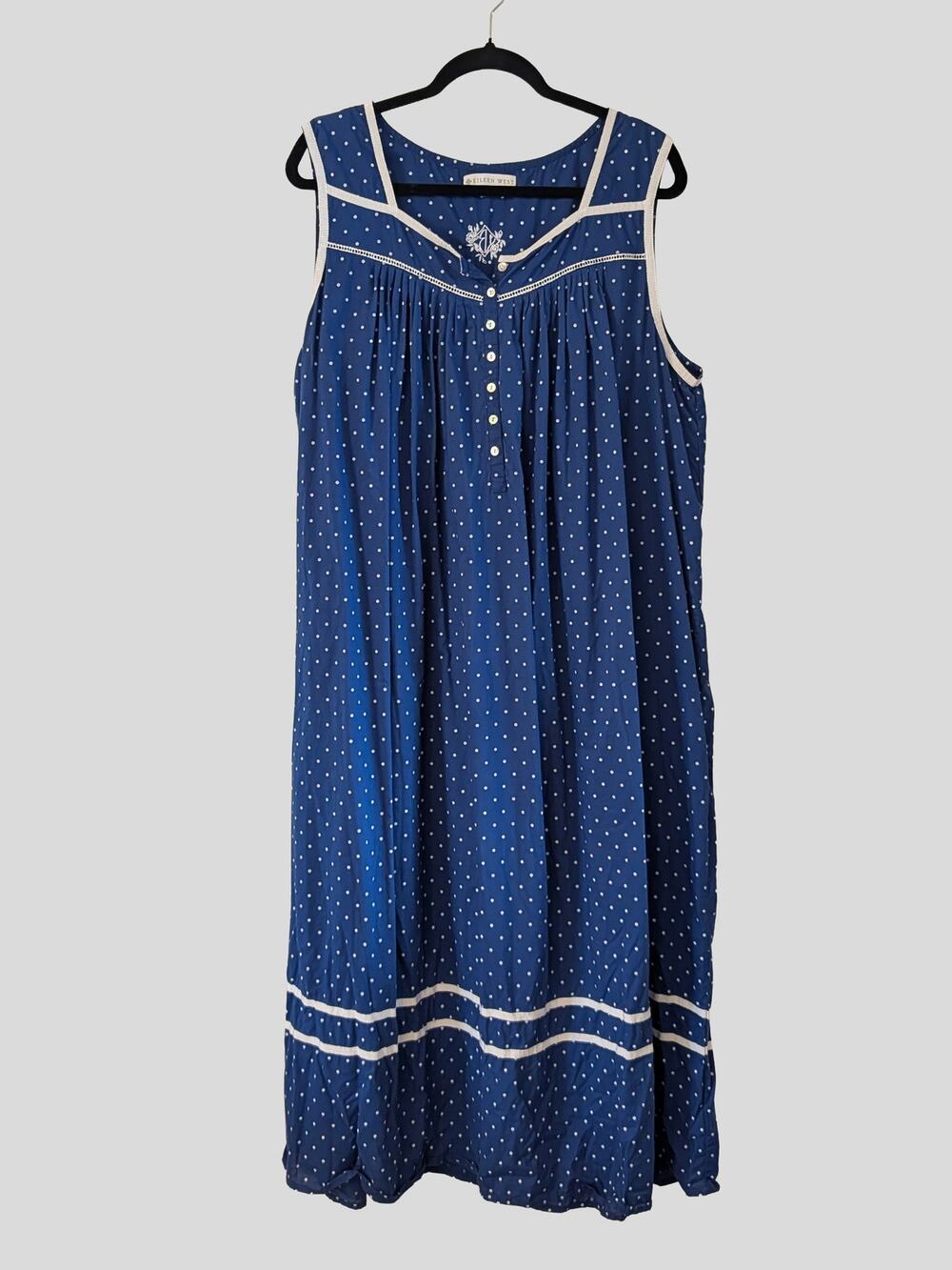 Eileen West Nautical Blue Polka Dot 100% Cotton Nightgown XL Sleeveless